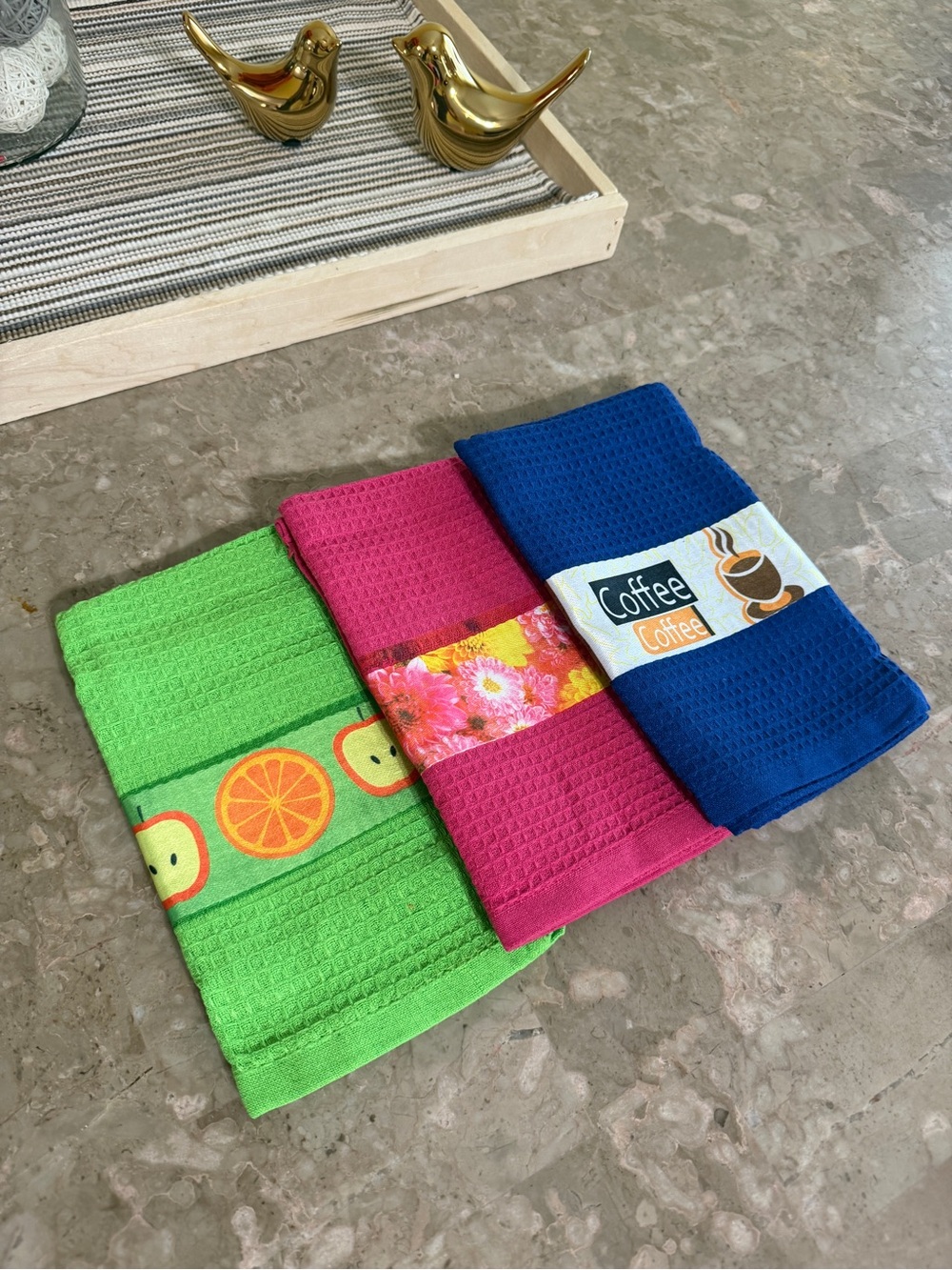 YNS Generic Bright Kitchen Waffle Weave Towels - Green, Pink & Blue